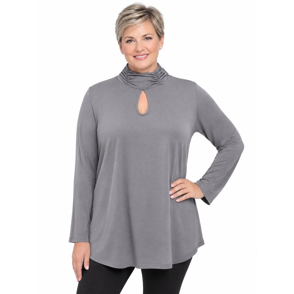 Susan Graver Womens Tunic Top 2X Gray  Ruched Neck Keyhole LIQUID KNIT Boho LS